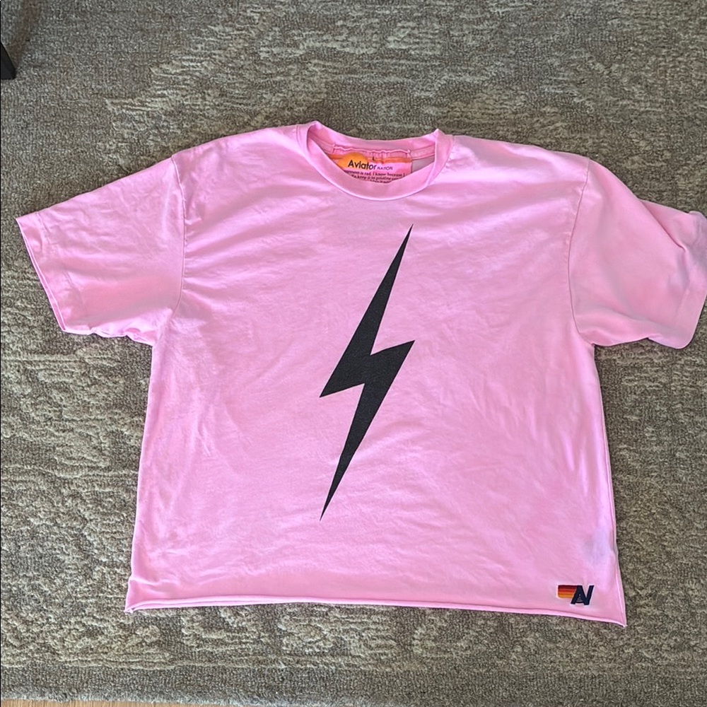 Aviator Nation Pink and Black Lightning Bolt Crop Top
